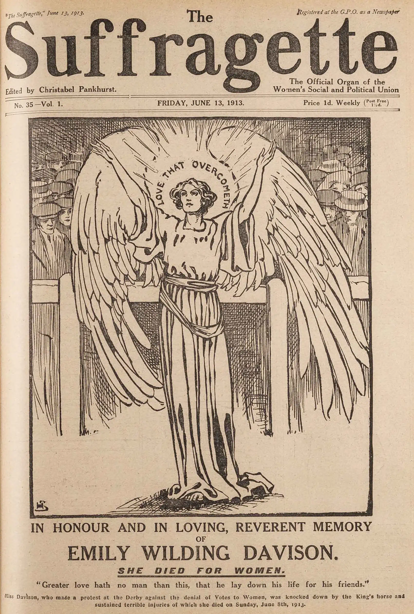 Die Abbildung zeigt das Titelblatt der Zeitschrift „The Suffragette“ vom 13. 6. 1913